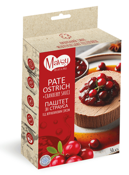 Poch&uacute;ťky pre psov p&scaron;trosia pa&scaron;t&eacute;ta s brusnicovou om&aacute;čkou | Mavsy Ostrich Pate With Cranberry Sause 50 gr